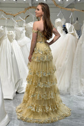 Golden Tiered A Line Long Prom Dress with Lace